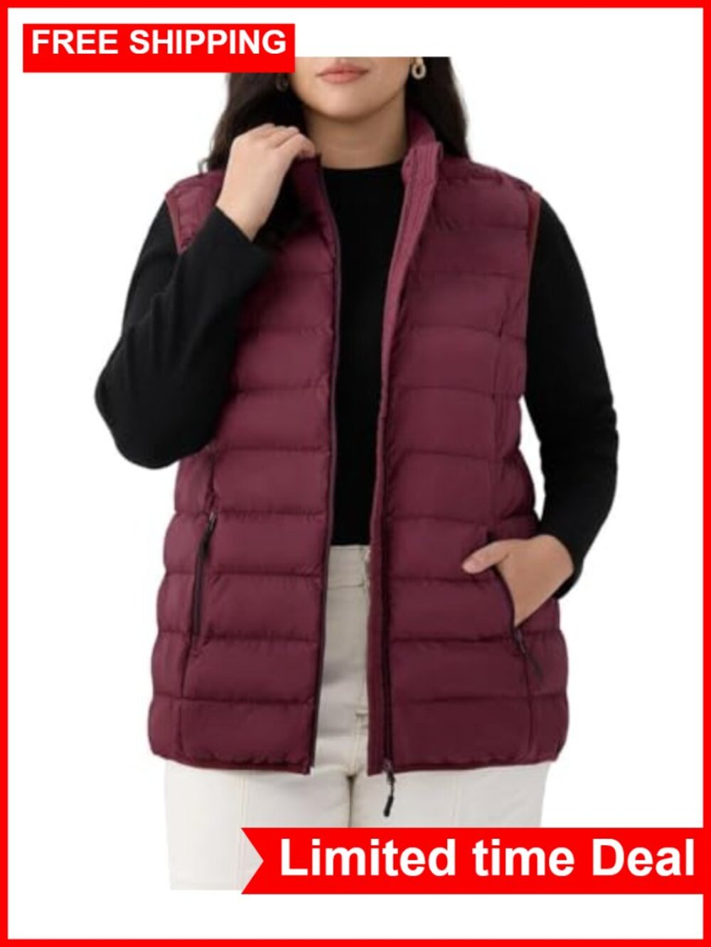 Plus Size Quilted Padded Zip Up Vest Sleeveless Stand Collar Outerwear